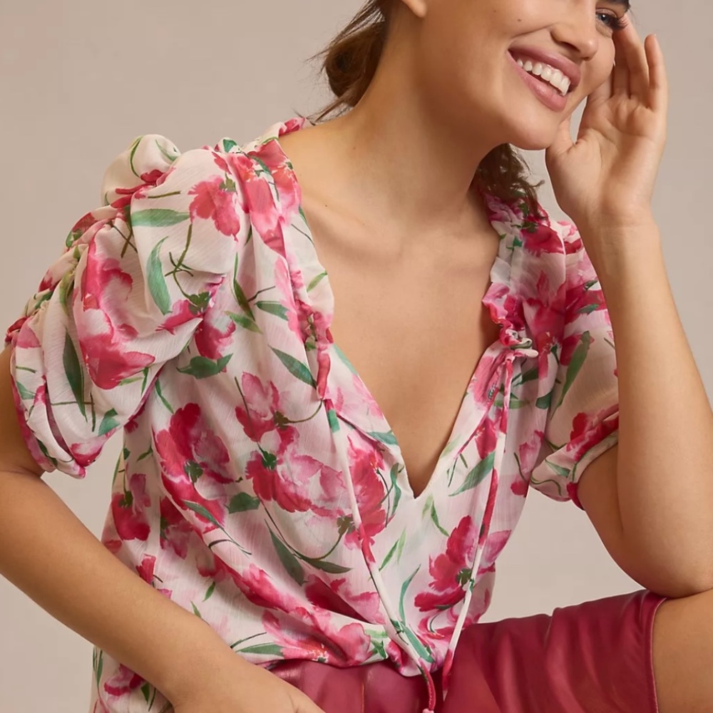 NEW Anthropologie MISA Los Angeles Sera Puff Sleeve Blouse Spring Fuchsia XS